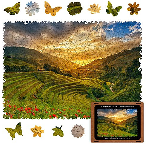 UNIDRAGON Original Wooden Jigsaw Puzzles - Nature Rice Fields, 500 pcs, King Size 16.9x11.8, Beautiful Gift Package, Unique Shape Best Gift for Adults and Kids