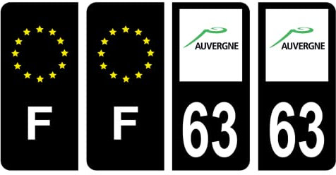 HADEXIA Aufkleber für Nummernschild, Departement 63, PUY-de-Dome, alte Region, Schwarz, Farbe & Frankreich Europa, 4 Stück
