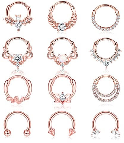 Adramata 12 Stück 16G Nasenringe HoopChirurgenstahl Nose Piercing Septum Ringe Set CZ Opal Knorpel Daith Piercing Ring Helix Piercing Ohrring Nasenpiercing Nasenringe Schmuck