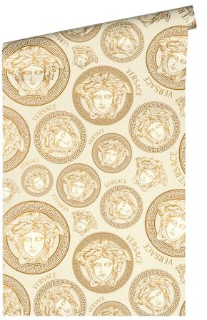 Versace Wallpaper White Gold Designer Non-Woven Wallpaper Logo Medusa 386115 10.05 x 0.70 m Made in Germany