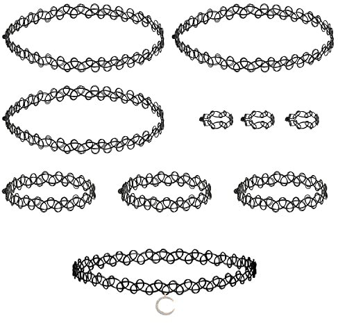ZWZNBL 3 Sets Stretchhalsbänder 1 Stück Mondhalsband, Stretch-Tattoo-Halskette, Tattoo-Halsband, modische Vintage-Kette, Tattoo-Hohlgewebe-Schmuckset, Halskettenschmuck für Mädchen (Schwarz)