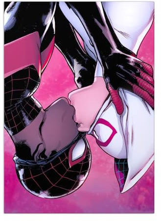 Displate Offiziell Marvel Spiderman MetallPoster Magnetische Befestigung Inklusive Lizenziert Bilder Hochwertiges Poster Miles Morales - Gwen in Love Poster 45 cm x 32 cm