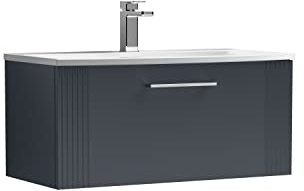 nuie DPF1496G Deco Modern Bathroom Wall Hung 1 Drawer Part Fluted Vanity Basin Unit with Curved Ceramic Basin, 800mm, Soft Black