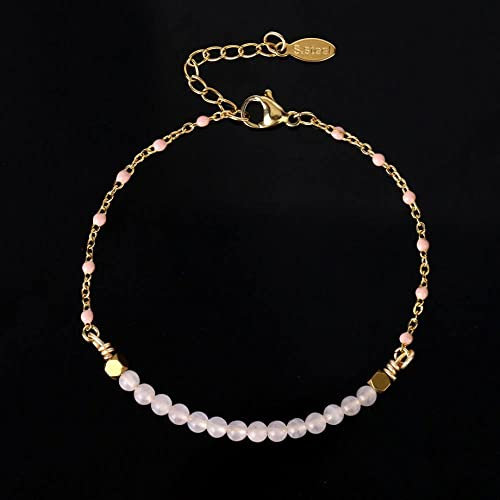 LCDIUDIU Armband Damen,Naturstein Rosenquarz Kristall Armband Luxus Rosa Perlen Charme Verstellbare Goldene Kette Armband Energie Edelsteine Perlenarmband Schmuck Für Frauen