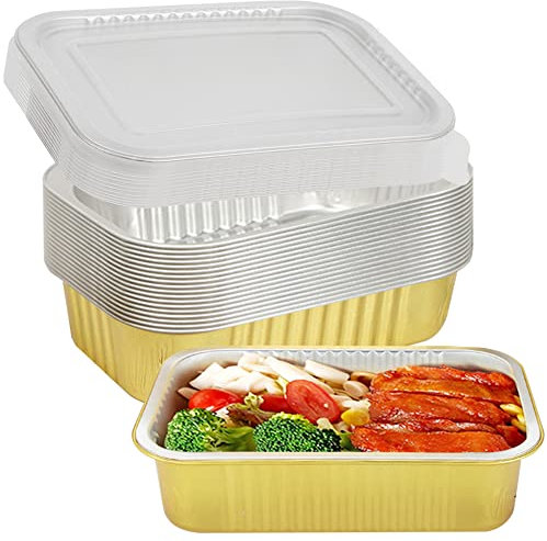 condinggen Contenedor rectangular de papel de aluminio para hornear de 22 x 15 x 4.5 cm, paquete de 10 recipientes de aluminio con tapas, sartenes perfectas para hornear, cocinar, catering, fiestas,