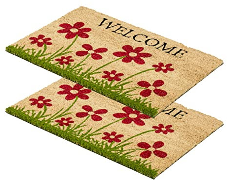 Carpido Fußmatte Kokos Blumenwiese Natur – Türmatte 40x60 cm 2er Set – antibakterielle Matte – Kokosmatte mit Vinylrücken – natürliches Material – 100% Kokos