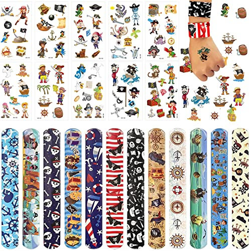TZQFROCE 22 Stück Piraten Party Mitgebsel 22 Stück Piraten Deko Kindergeburtstag Pirat Schnapparmband Sticker Set Piraten Slap Armbänder Piraten Geburtstag Deko für Kindergeburtstag Geschenke