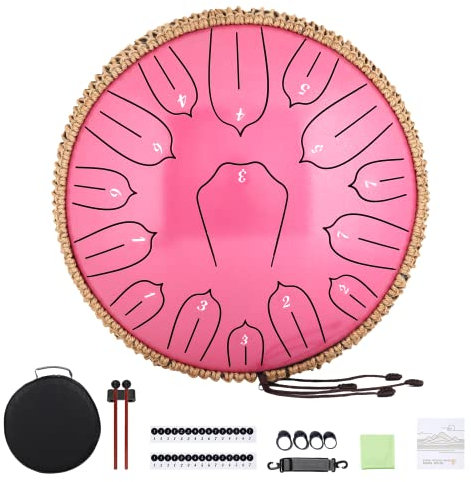 Stahlzungentrommel für Erwachsene 15 Noten 12 Zoll D-Key Handpan Drum Set mit Tasche, Musikbuch, Drumsticks und Fingerplektren für Meditation Unterhaltung Musikerziehung Konzert Yoga (Rosa)