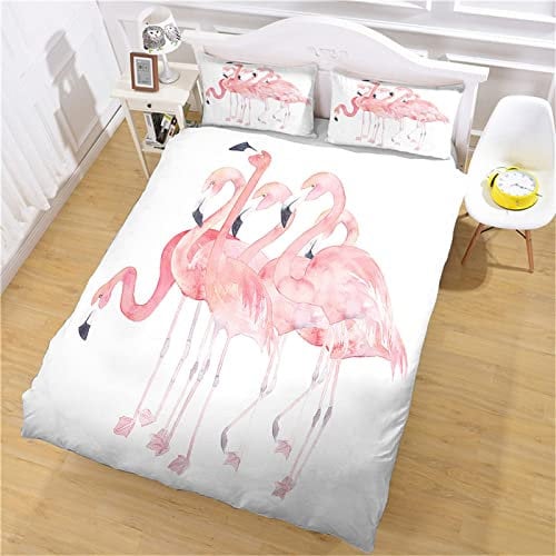 ELGISI Bettwäsche Bettbezug Set 155X220Cm 3 Teilig 3D Rosa Flamingo Druck Muster Weiche Flauschige Mikrofaser Kinder Bettwäsche Set Mit Reißverschluss, 1 Bettbezüge + 2 Kissenbezug 80X80Cm