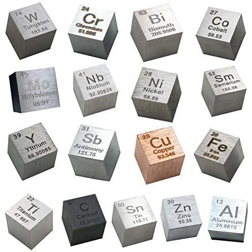 OURECO 17 Stück Element Würfel Set, Metall Dichte Würfel Reines Wolfram, Ti, Al, Fe, Cu, Usw. Für Element Sammlungen Hobbys