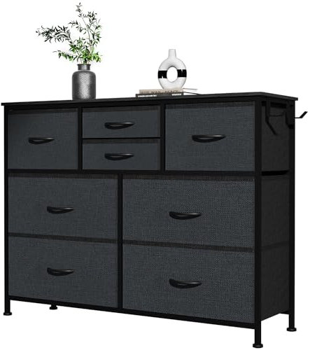 MYHMCT 8 Chest of Drawers Bedroom, Storage Drawers with Wooden Handles,Wooden Top, Fabric Drawers and Metal Frame for Bedroom, Living Room, Nursery, Hallway (Black Grey)