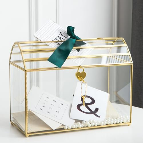 Giadun Glas Hochzeitskartenbox mit Schlitz, Große Transparente Kartenbox mit Deckel, Gold Messing Geschenkkarten Aufbewahrungsbox mit Schloss für Hochzeitsempfänge, Babyparty, Geburtstagsfeier,