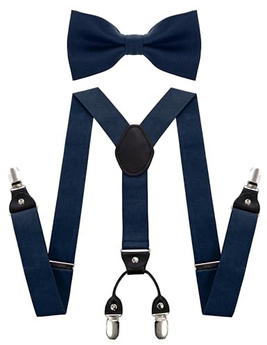 JEMYGINS Herren Hosenträger mit Vier Clips und Elastischem Rückenband inklusive Fliege Set,Navy blau