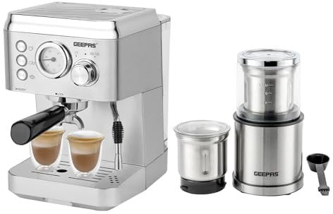 GEEPAS 1140W Espresso & Cappuccino Coffee Machine & 200W Coffee Grinder Combo Set | Milk Frother, 1.8L Water Tank | Electric Wet & Dry Food Processor Mill for Spice Nuts Chutney, 75g Detachable Bowl