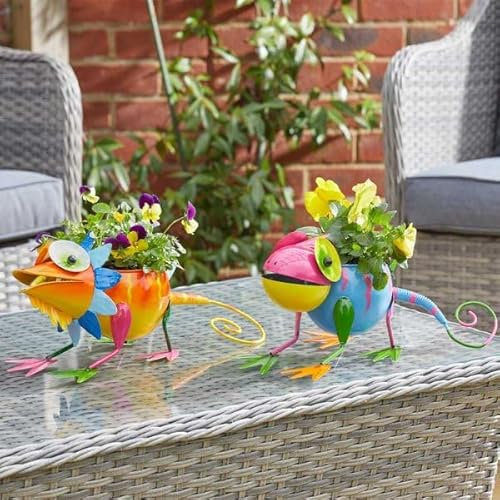 Garden Mile Set of 2 Novelty Gecko Planter Hand Painted Metal Hard Wearing Weather Proof Reptile Themed Planters Outdoor Garden Decor Flower Pots for Outdoor Decoration