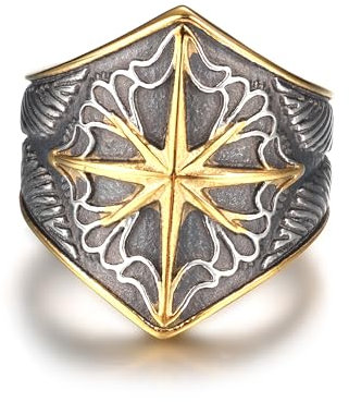 GTHIC Edelstahl-Wikinger-Oktett-Sternring für Männer und Frauen mit Federmuster, Vintage-Ring, goldfarben, Modeschmuck, Geburtstagsgeschenk, US-Größe 9