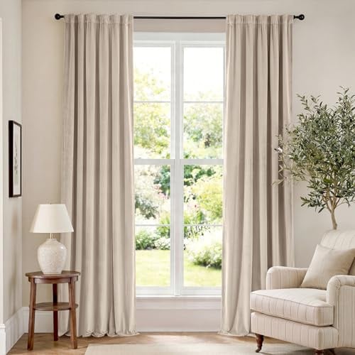 Lazzzy Cortinas opacas de terciopelo con aislamiento térmico, cortinas de ventana de habitación, cortinas de lujo súper suaves para sala de estar, dormitorio, bolsillo para cortinero, 2 paneles, beige
