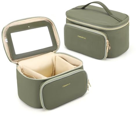 Omnpak Kosmetiktasche mit Spiegel,schminktasche Damen groß, Make-up-Tasche für handtas mit fächernche,Kosmetiktasche Reise ，Makeup Bag for Women，Grün