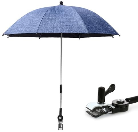 Sonnenschirm Buggy, Universal Kinderwagen-Sonnenschirm, UV-Schutz 50+, Regen oder Sonnenschein, Mit Bügel und Feder, Winkelverstellbar, 75cm Durchmesser, Babywagen Schirm mit Schirmgriff (Blau)
