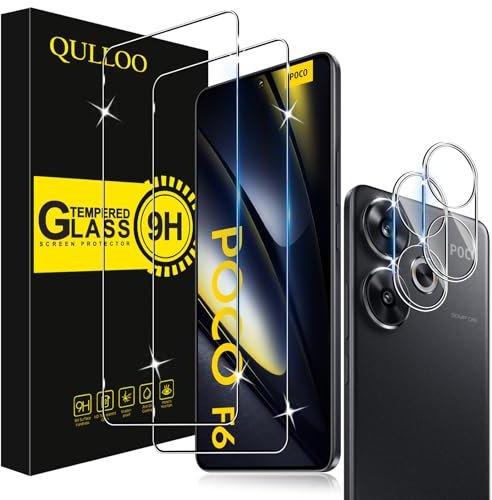 QULLOO Protector de Pantalla para Xiaomi Poco F6 5G, 2 Piezas Cristal Templado y 2 Piezas Protector de Lente de Cámara, Dureza 9H Ultra Resistente Vidrio Templado