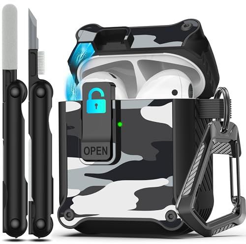 RFUNGUANGO Kompatibel mit Airpods 2 Hülle, automatisches Pop-up mit Sicherheitsverschluss-Clip, stoßfeste Ganzkörper-Hartschale mit Schlüsselanhänger,Snow Camouflage