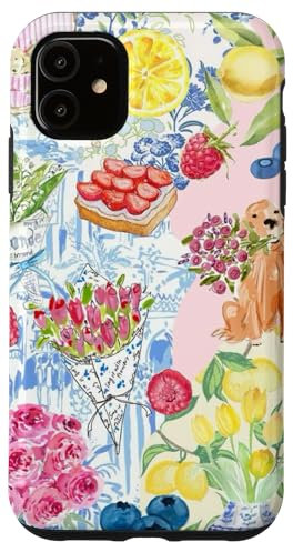 iPhone 11 Berry Fruit Lemons & Flowers Toile Cute Summer Aesthetic Case
