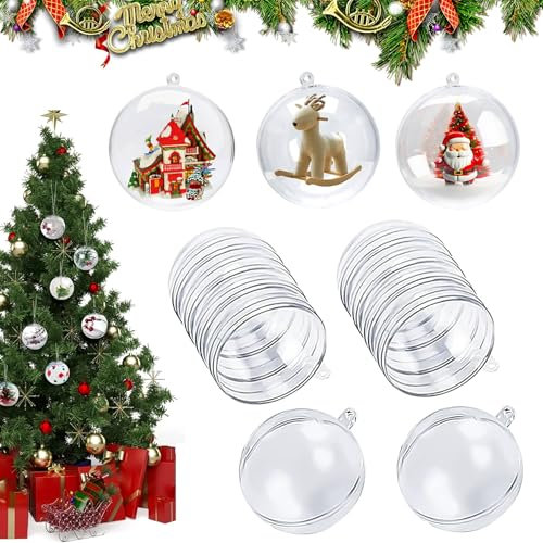 CLHXWU 20 Stück 8cm Befüllbare Weihnachtskugeln,Acrylkugeln Transparent,Plastikkugeln Mit Öse Zum Aufhängen,Teilbar,Wiederverwendbar