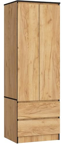 AKORD Armoire 2 Portes | Armoir Chambre 2 Tiroirs 2 Etagères et Une Tringle | L60 x H180 x P51 cm | Panneau Stratifié 16mm | Armoire sans Penderie Chambre | Dressing Rangement PlacardChêne Artisan