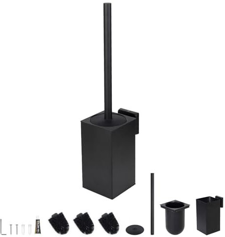 EXLECO Inox Brosse Toilettes WC Suspendu Balai Toilette WC avec 2 Têtes de Brosses, Balayette WC Kit Brosses WC et Supports sans Perçage Toilet Brush Brosse Nettoyage Salle de Bain Accessoire Noir Mat