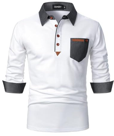 QUNERY Poloshirt Herren Langarm Getäfelt T Shirts Golf Tennis Hemden Casual Tops Weiß XXL
