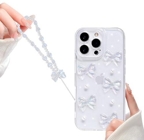 Reownest Clear for iPhone 16 Pro Max Case, Cute Bling 3D Bowknots Pearl Aesthetic Pattern, Glitter Sparkle Back Lens Protective Phone Cover for Women Girls +Chain