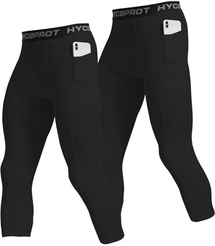 HYCOPROT 1 or 2er Pack Herren 3/4 Kompressionshose mit Taschen Laufhose Tights Sport Leggings Atmungsaktiv Funktionsunterhose Tight Hose für Basketball Fitness Joggen (Black, M)