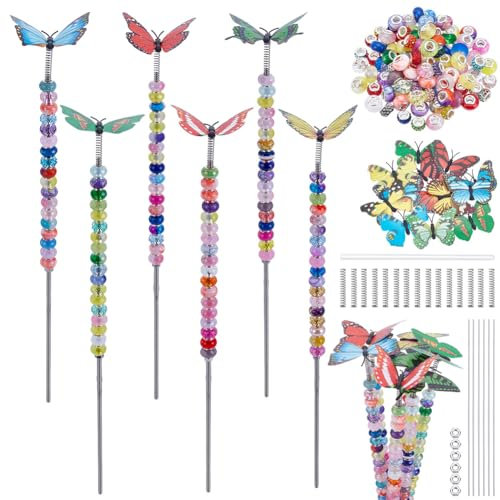 FREEBLOSS 140 Stück Perlen Gartenstecker Set Mit 100 Stück Bunten Perlen für DIY Feenstab und Schmetterlings Perlenstecker - Außendekoration