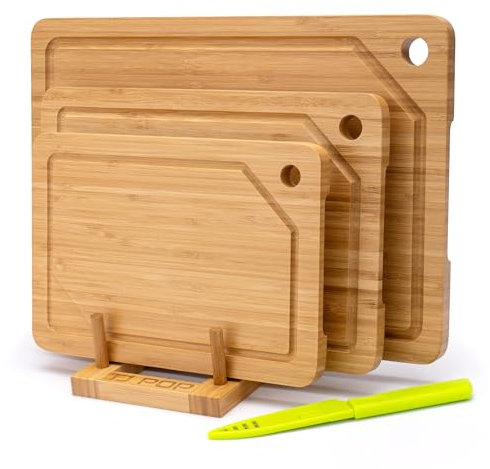 Juego de 3 Tablas de Cortar de Bambú con Orificio para Colgar, Canal para Jugos, Tamaños S, M, L - para Carne, Verduras, Queso, Cocina, Utensilios de Cocina, Accesorios de Cocina