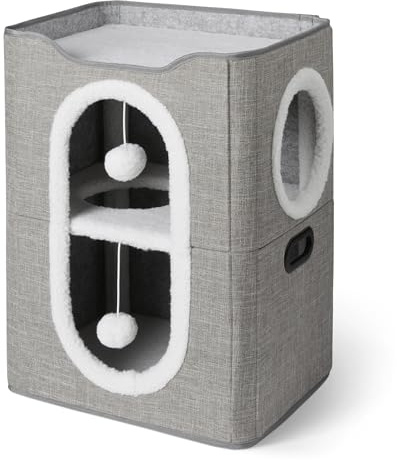 Amazon Basics Cat House 2 Story for Indoor Cats, Covered Cat Cave with Scratch Pad & Fluffy Ball, Foldable Cat Cube Condos, 43.2cm x 35.6cm x 57.2cm, Grey