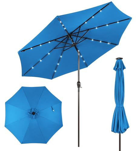 COSTWAY Sonnenschirm 300 cm mit LED-Solar-Beleuchtung, Gartenschirm mit Kurbel, beidseitig um 30° knickbar, Terrassenschirm mit 8 Rippen, Marktschirm für Garten, Balkon, Terrasse (Blau)