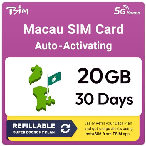 Macau SIM-Karte | 20GB Super Economy Nachlade-Tarif! Automatische Aktivierung, 30 Tage Gültigkeit | 5G-Geschwindigkeit + Hotspot | Nur Daten, Keine Telefonnummer