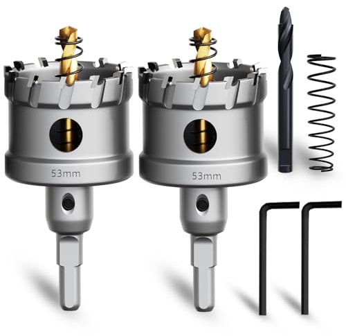 METOTY 2 Stück 53mm lochsäge metall，Hartmetall Lochsäge,Hartmetall Bohrer,mit Ein zusätzlicher nitrierter Stufenführungsbohrer gratis und L-Wrench,für Stahl Eisen Aluminum Metall