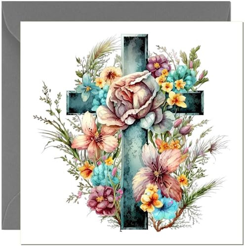 Christliche Grußkarte – Blumenkreuz – Christentumskarte mit grauem Umschlag