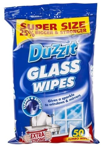 RYYN® Duzzit Glass Wipes 50 Pack Cleans and Shines Windows & Mirrors Lightly Fragranced Extra Strong Jumbo Wipes
