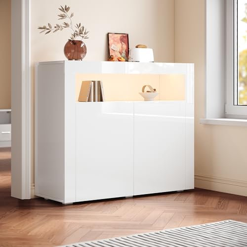 SIRHONA Buffet avec Lumières LED, Armoire de Rangment Blanc, Buffet Commode 2 Ports, 108x40x92 cm Buffet de Salon et Cuisine