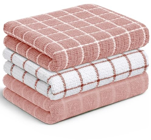 Velosso 3 Pack Everyday Cotton Tea Towel Set, Classic Check Design (Pink) | Soft & Absorbent Kitchen Towels, Durable & Machine Washable, Ideal for Drying, Cleaning & Daily Use