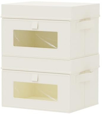 GUOHNHE Aufbewahrungsbox mit Sichtfenster, Beige, 26x20x17 cm, 2 Stück | Kisten Aufbewahrung für Kleiderschrank, Kleiderschrank Organizer mit Deckel Stoff, Faltbox mit Fenster für Kleidung