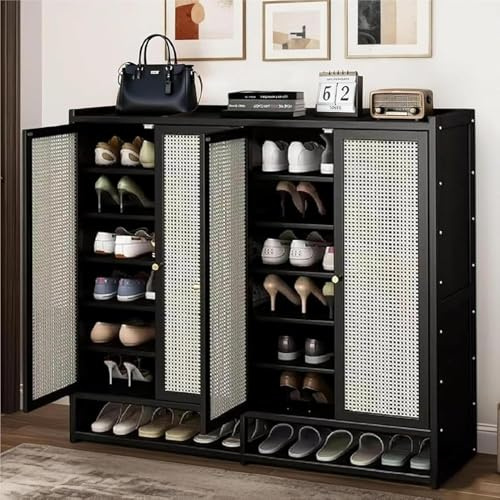 Generisch Schuhschrank Holz mit Korbgeflecht-Türen Moderner Bambus Schuhschränke Schuhschrank Schmal mit Stauraum Shoes Cabinet für Flur Wohnzimmer Schlafzimmer (B)