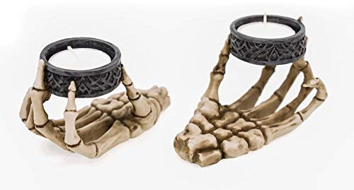 2er Set Teelichthalter Skeletthand Skelett Totenschädel Totenkopf Gothic Figur Teelicht Kerze