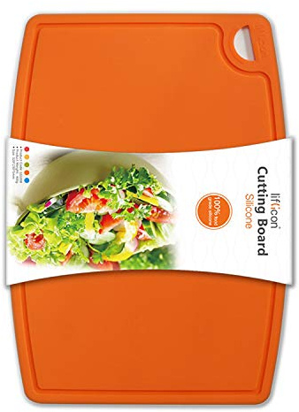 Liflicon Thick Silicone Cutting Board 12.6'' x 9.1'' Juice Grooves Easy Grip Handle Dishwasher Safe-Orange