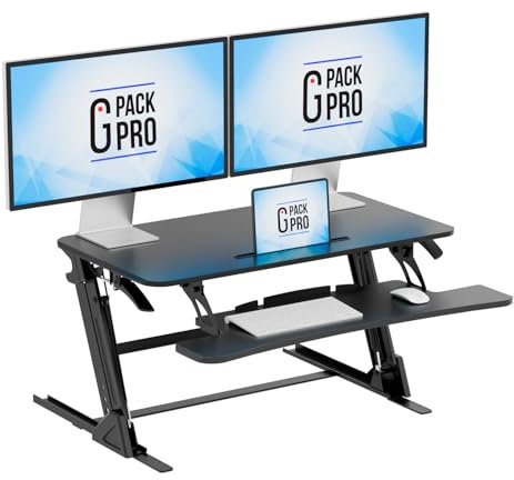 G-PACK PRO Standing Desk Converter – 36 Wide Stand Up Desk Riser – Quick Sit to Stand Tabletop Dual Monitor Workstation – Height Adjustable Up to 17.3 – Black