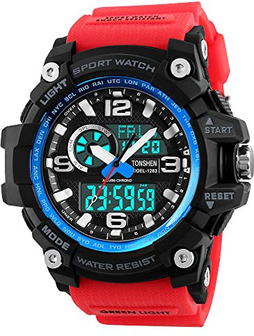 TONSHEN Herrenuhr Sportuhr Outdoor Militär 50M Wasserdicht Uhren LED Analog Quarz DREI Zeit Digitaluhr Alarm Countdown Armbanduhr (Rot Blau)