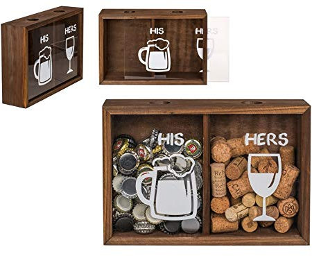 His and Hers Wooden Cork Bottle Cap Collector Box 3D Display Collection Gift