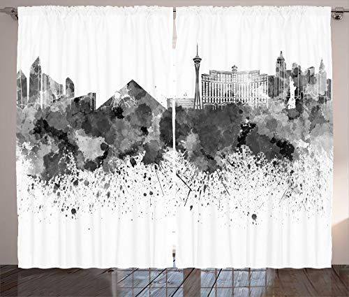 ABAKUHAUS Las Vegas Rustikaler Gardine, Monochrome Vegas Skyline, Schlafzimmer Kräuselband Vorhang mit Schlaufen und Haken, 280 x 175 cm, Charcoal Grau Weiß